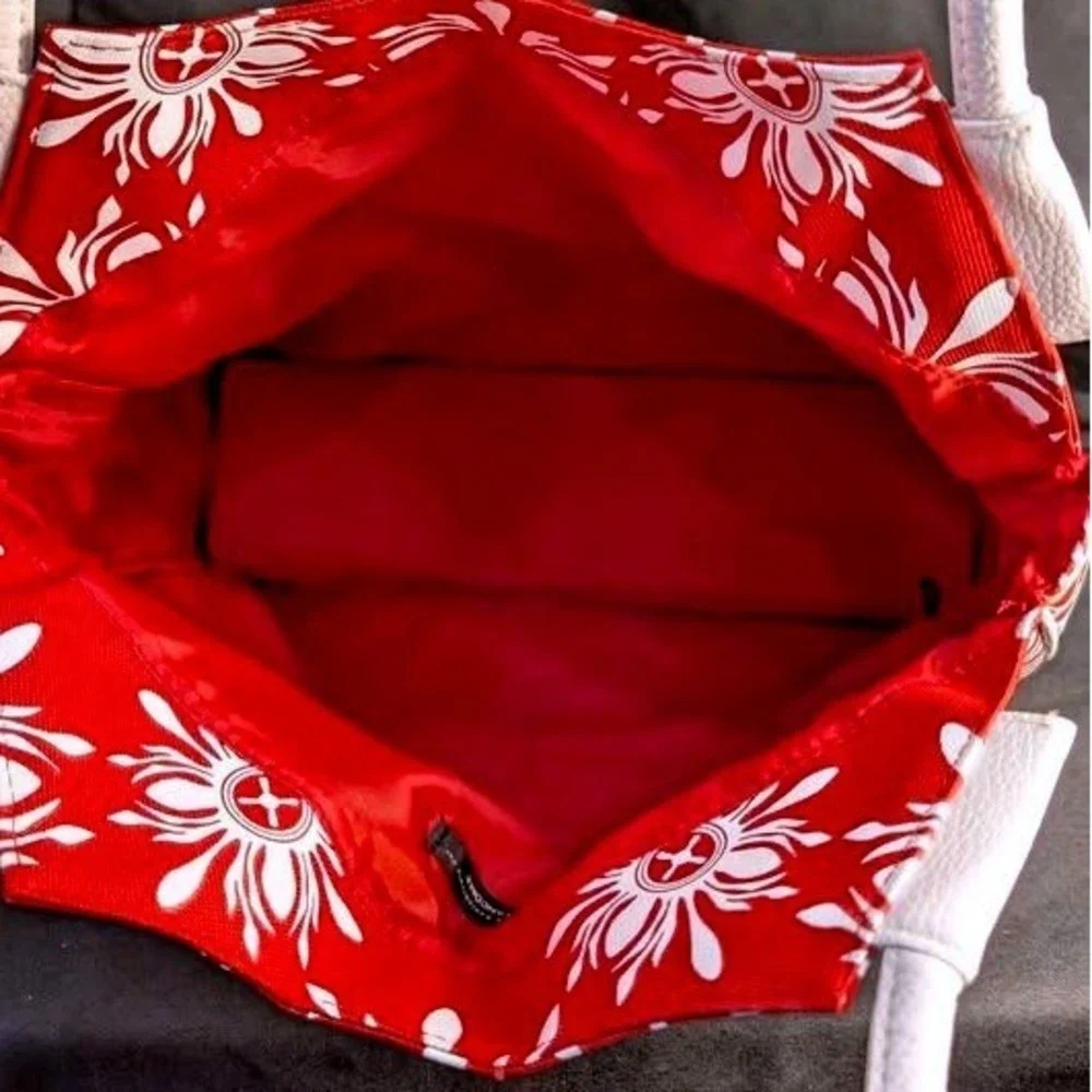 NWOT ~ Lancome Cherry Red & White Sunburst Floral Canvas Tote Bag ~ Beach Summer